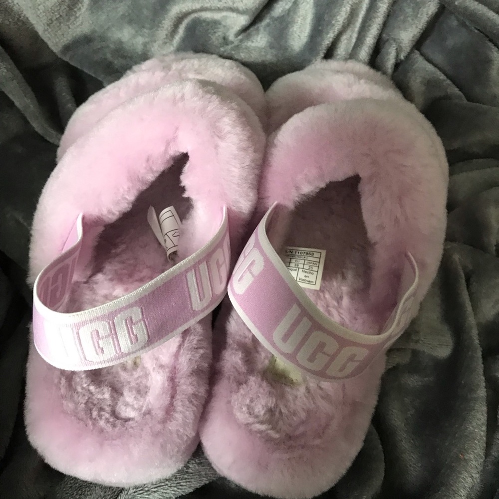 UGG OOH LALA Fuzzy Pink Shearling Sling Back Sandals 8 EUC